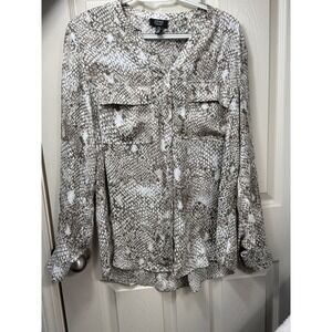 Designer Snake Print Button Down Blouse Long Sleeve Career Office Brown White XL